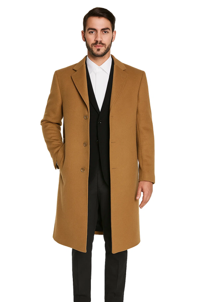 Men’s Camel Overcoat – Classic Single Breasted Wool Long Coat with Peak Lapel