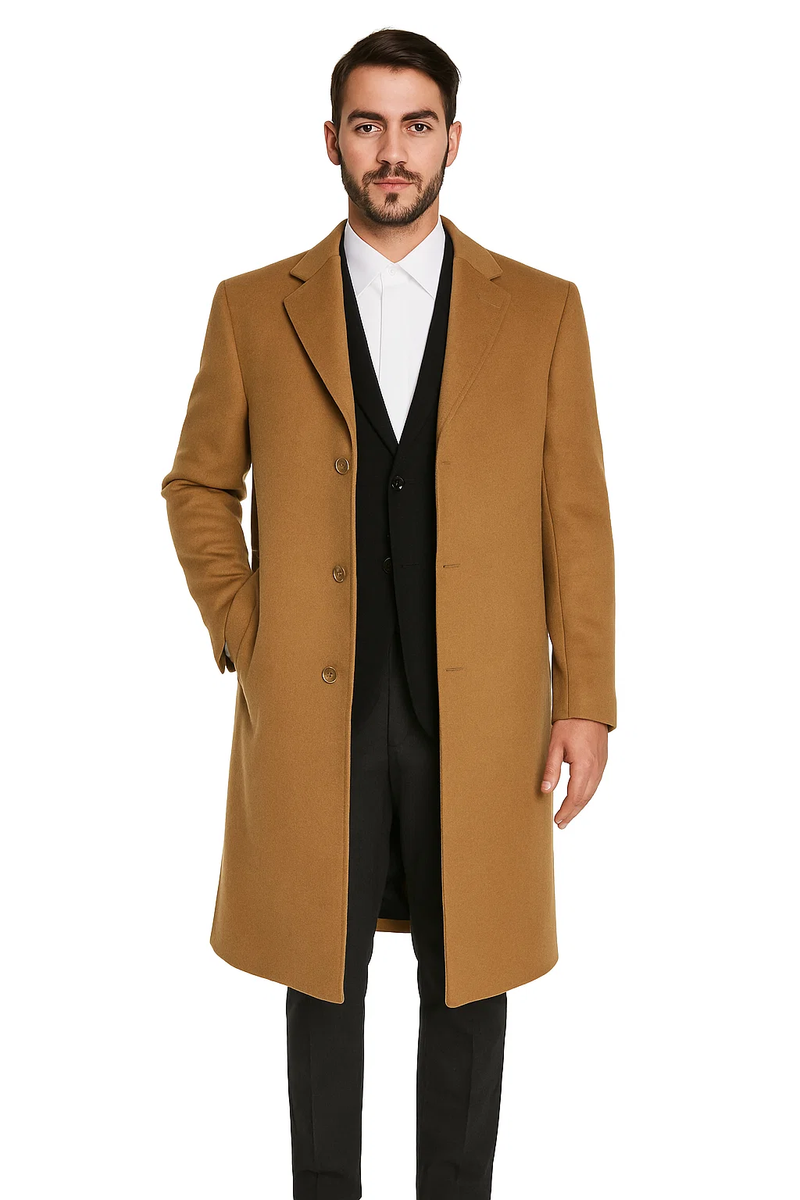 Men’s Camel Overcoat – Classic Single Breasted Wool Long Coat with Peak Lapel