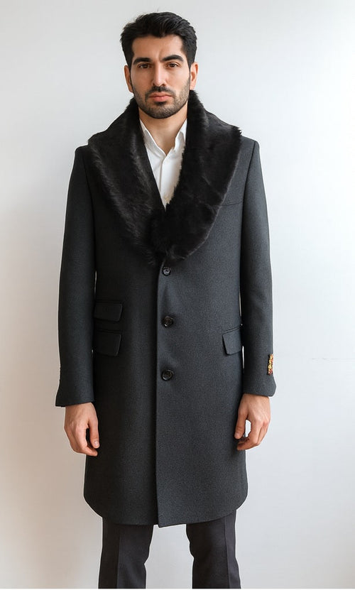 Men's Charcoal Two Flap Front Pockets Full Length Overcoat Men's Carcoat - Car Coat Mid Length Three Quarter Length Coat USA Men's Outlet