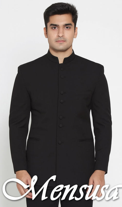 Men's Collarless Blazer Nehru Jacket Marriage Groom Wedding Black
