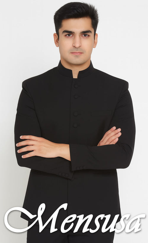 Men's Collarless Blazer Nehru Jacket Marriage Groom Wedding Black