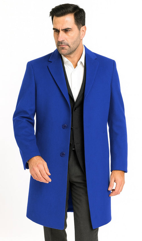 Men's Dress Coat Soft Finest Grade Royal Blue Overcoat ~ Long Men's Dress Topcoat - Winter Coat USA Men's Outlet