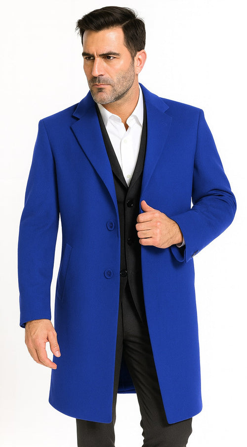 Men's Dress Coat Soft Finest Grade Royal Blue Overcoat ~ Long Men's Dress Topcoat - Winter Coat USA Men's Outlet