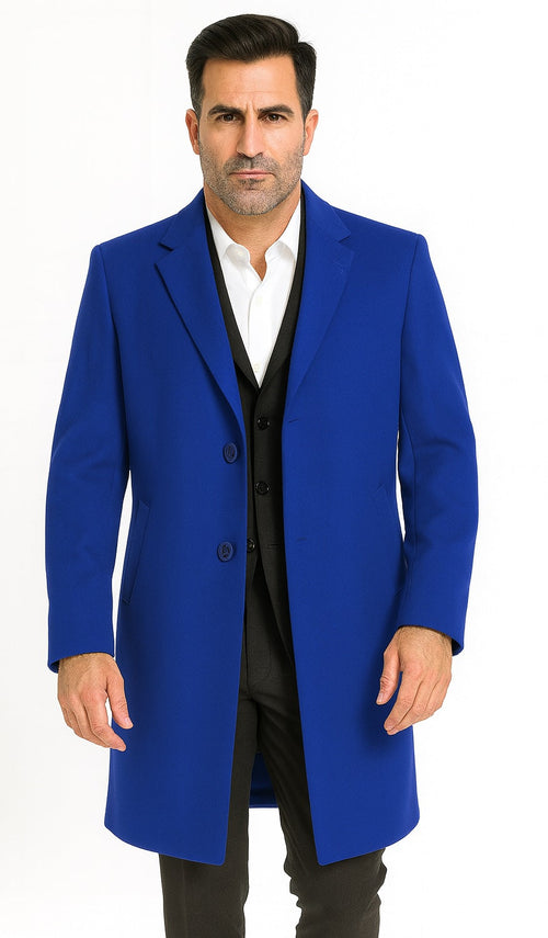 Men's Dress Coat Soft Finest Grade Royal Blue Overcoat ~ Long Men's Dress Topcoat - Winter Coat USA Men's Outlet