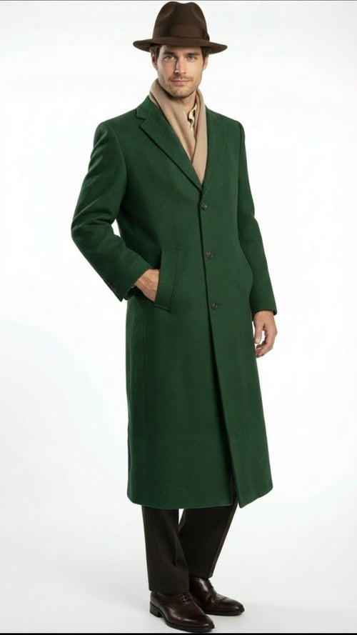 Men’s Hunter Green Full-Length Wool Overcoat