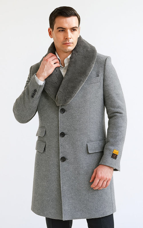 Men's Light Gray Fur Collar Two Flap Front Pockets Full Length Men's Men's Carcoat - Car Coat Mid Length Three Quarter Length Coat USA Men's Outlet