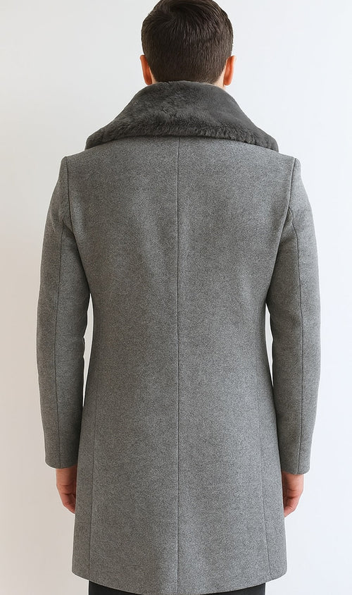 Men's Light Gray Fur Collar Two Flap Front Pockets Full Length Men's Men's Carcoat - Car Coat Mid Length Three Quarter Length Coat USA Men's Outlet