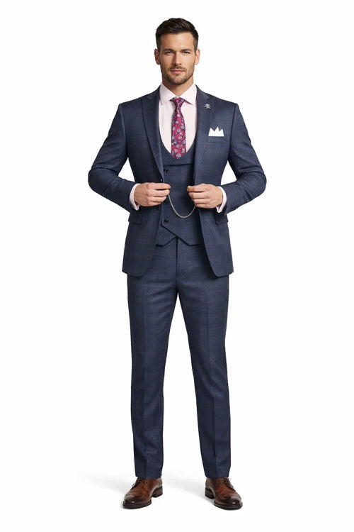 Men’s Navy Blue Plaid Slim Fit 3-Piece Suit – Two Button Vintage Style with Vest