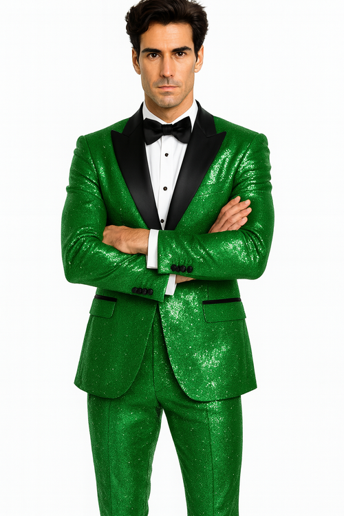 Sequin Suit - Shiny Suit - Emerald Green Suit - Metallic Fabric suit - Stage Tuxedo - Groom Suit Jacket + Pants