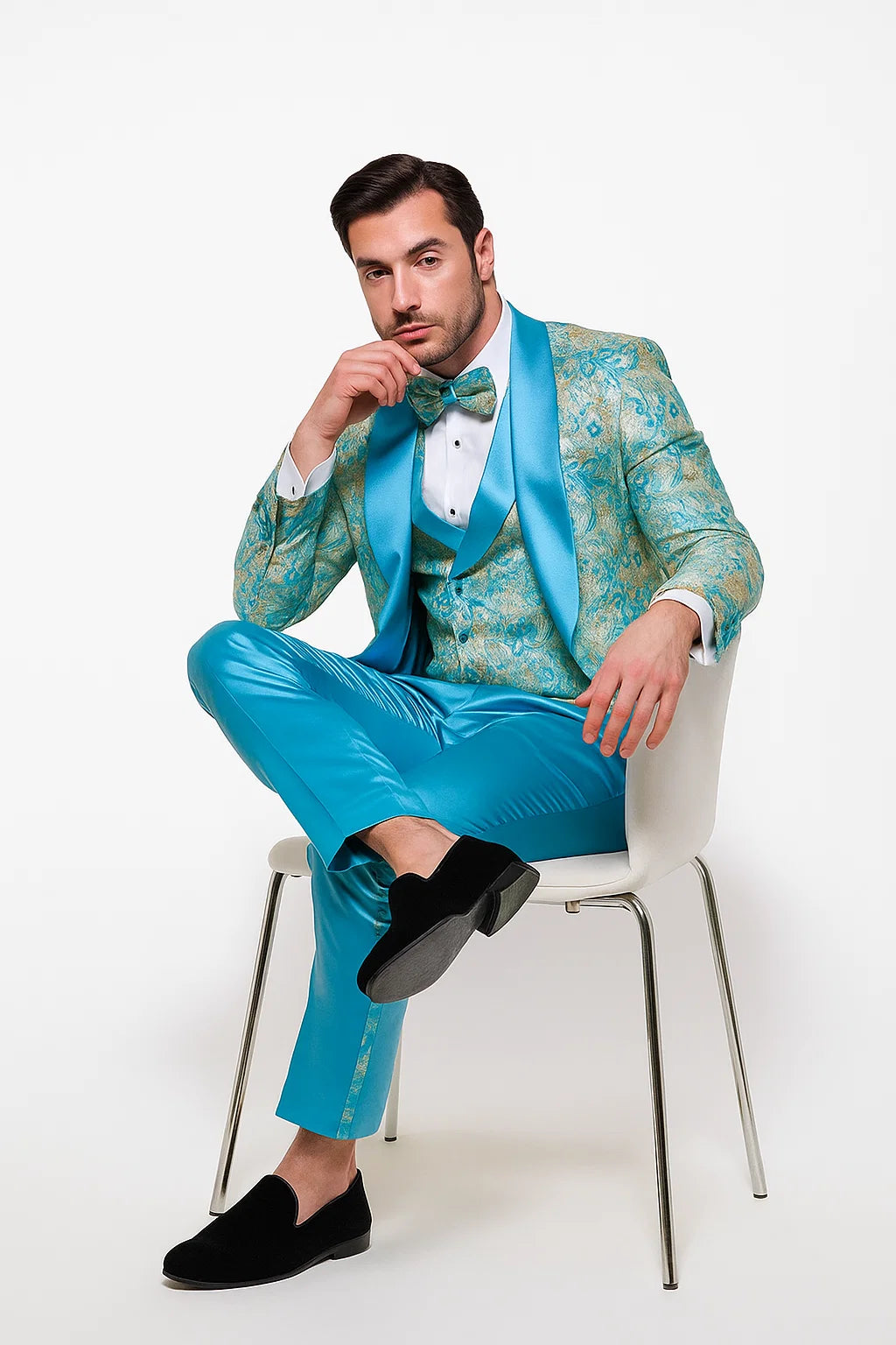Men’s Turquoise Patterned Vested Tuxedo with Bowtie