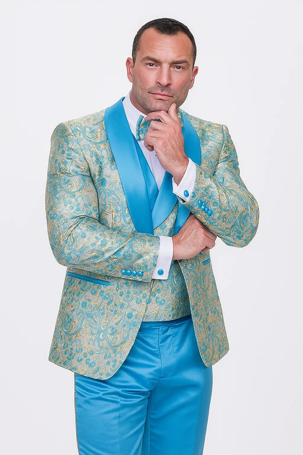 Men’s Turquoise Patterned Vested Tuxedo with Bowtie
