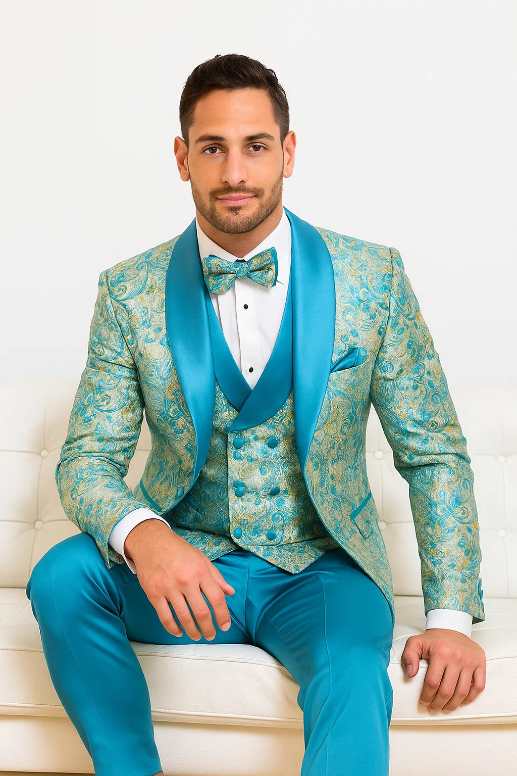 Men’s Turquoise Patterned Vested Tuxedo with Bowtie