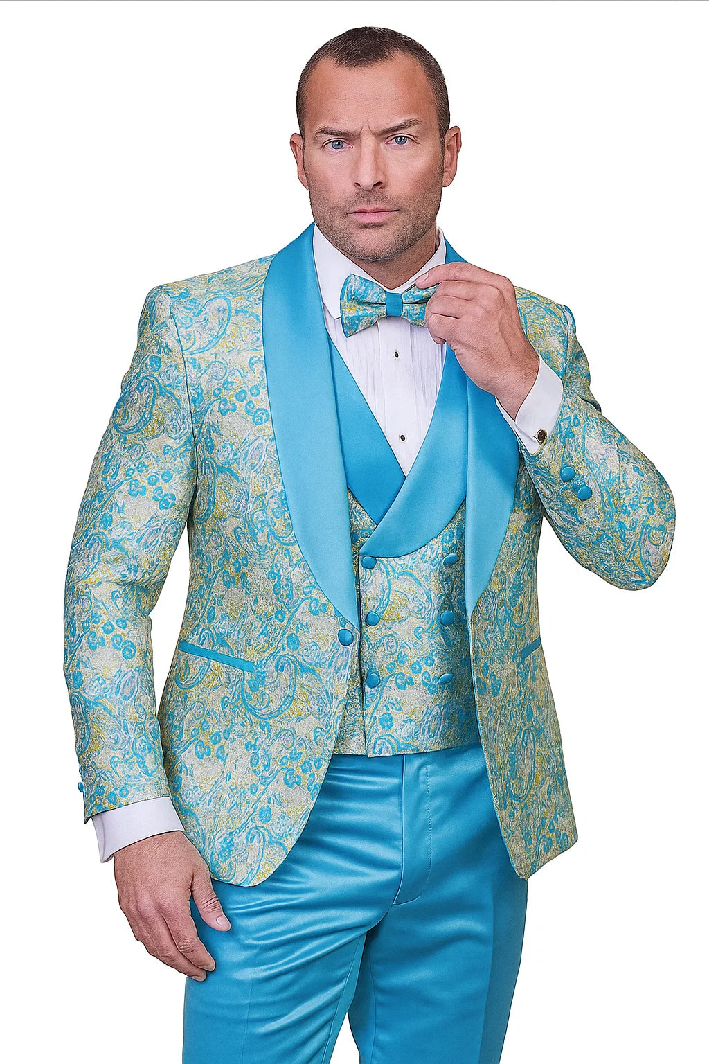 Men’s Turquoise Patterned Vested Tuxedo with Bowtie