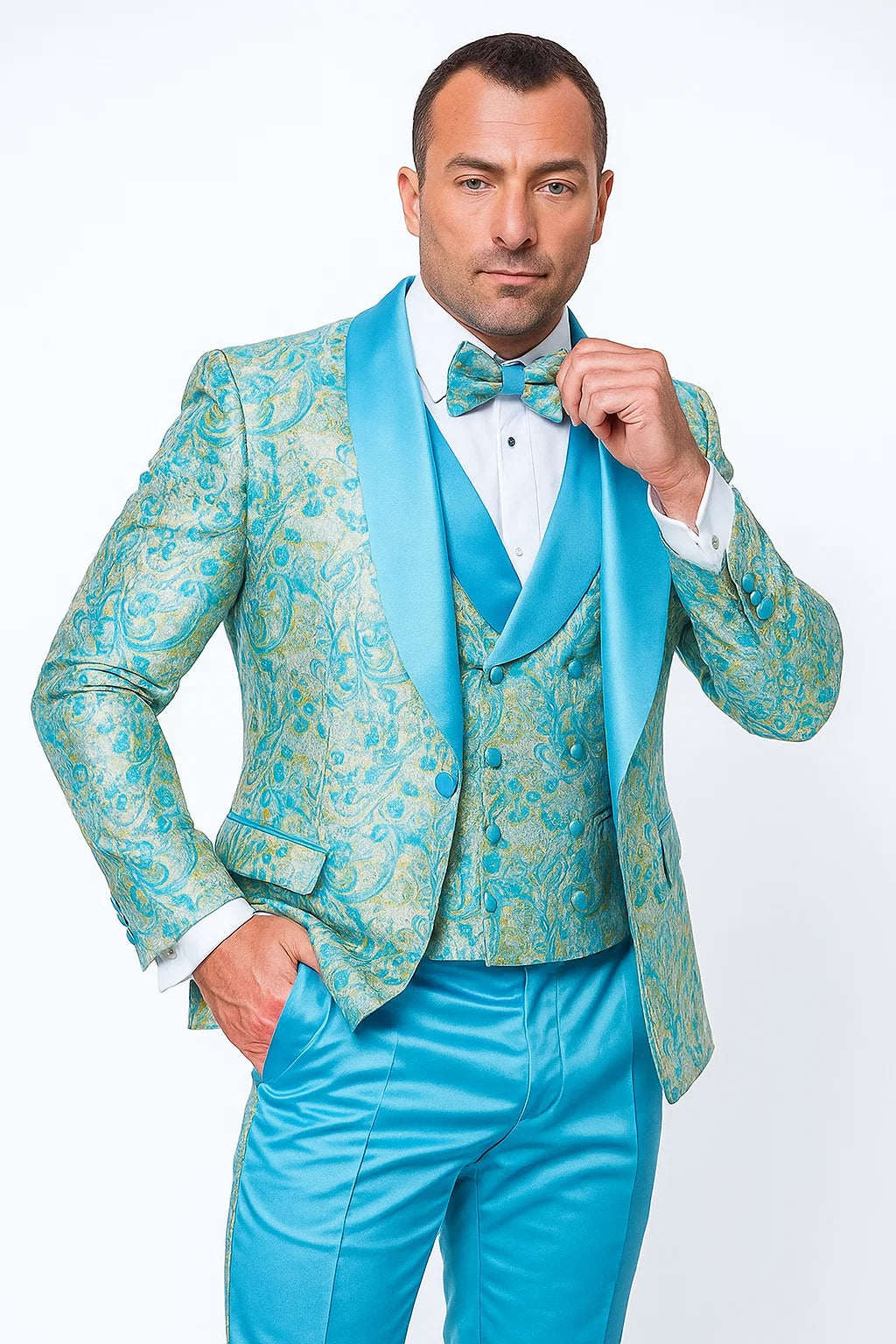 Men’s Turquoise Patterned Vested Tuxedo with Bowtie