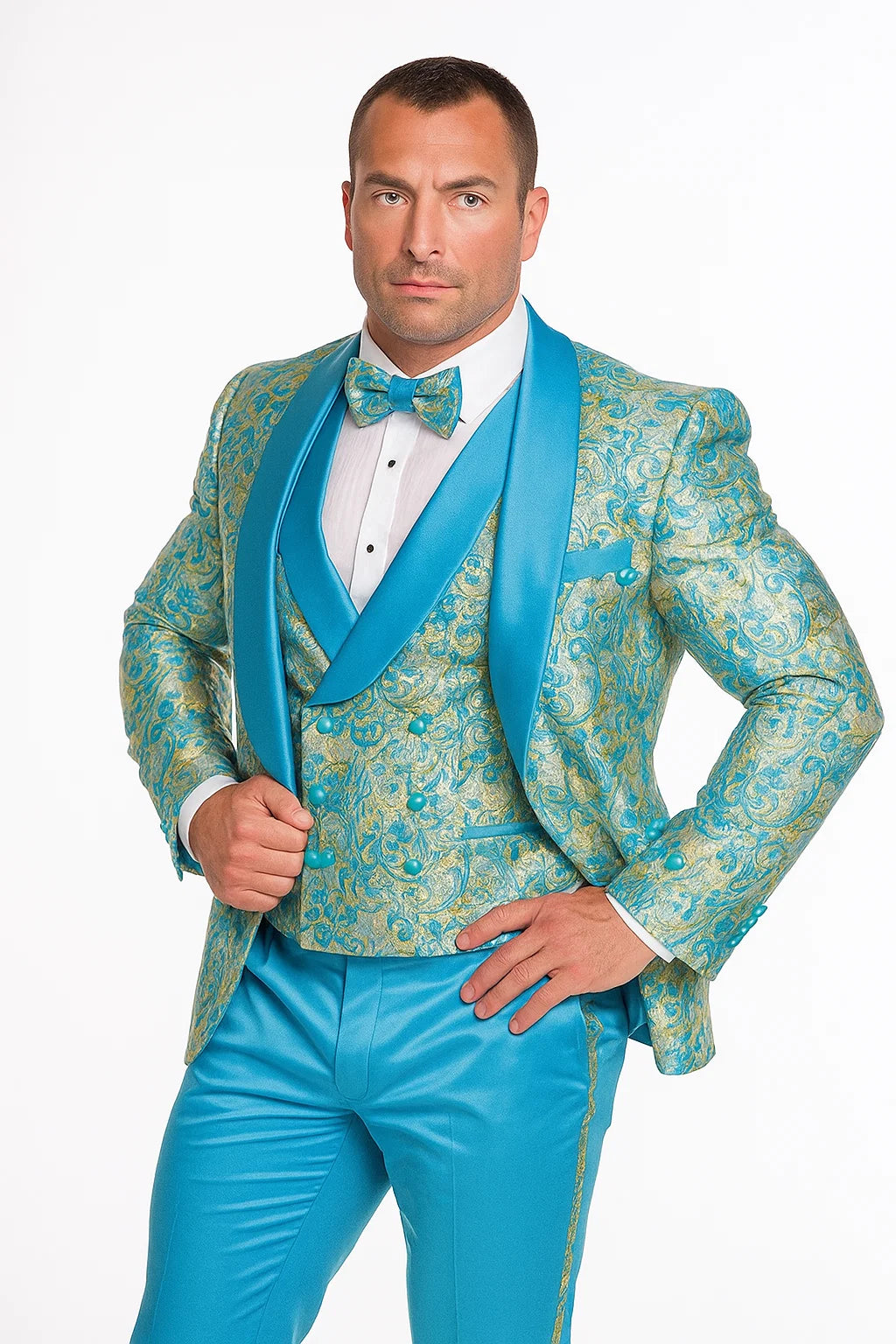 Men’s Turquoise Patterned Vested Tuxedo with Bowtie