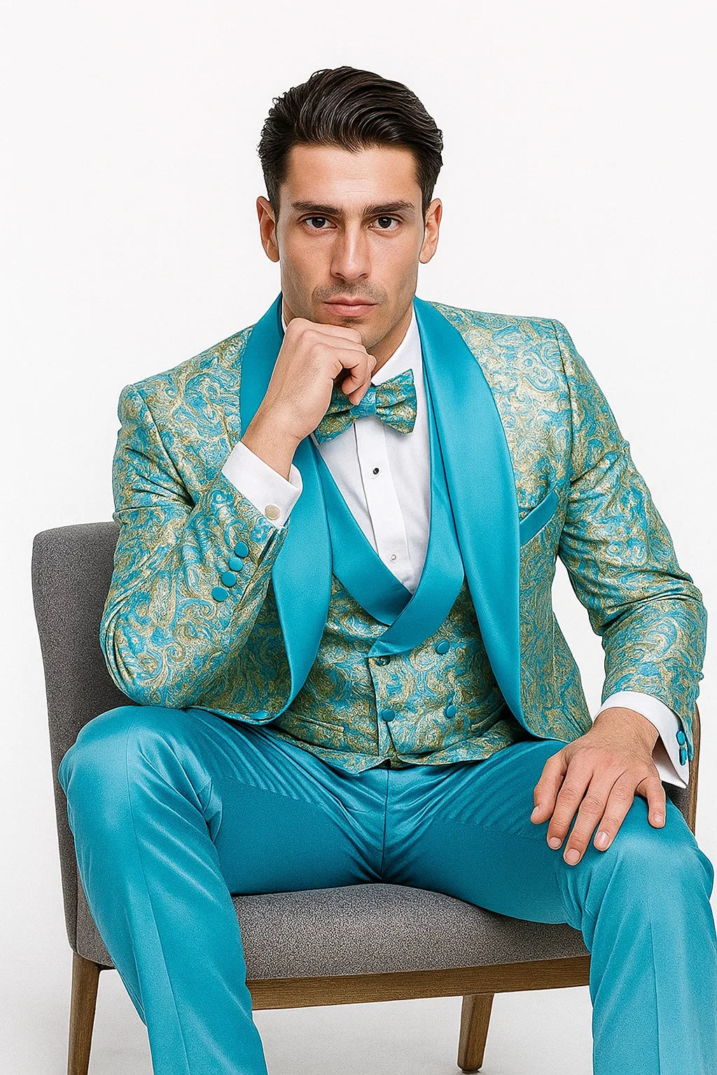 Men’s Turquoise Patterned Vested Tuxedo with Bowtie