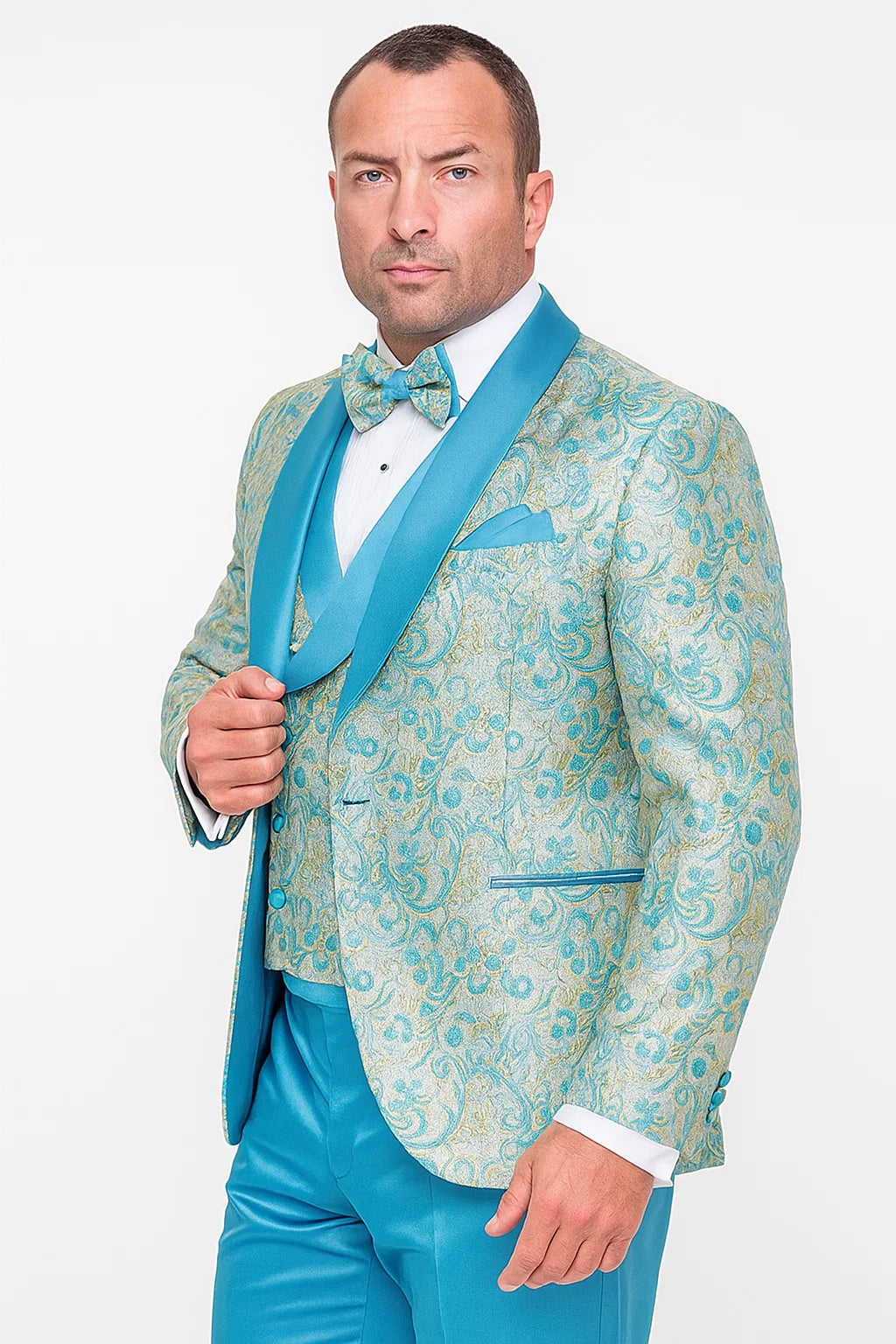 Men’s Turquoise Patterned Vested Tuxedo with Bowtie