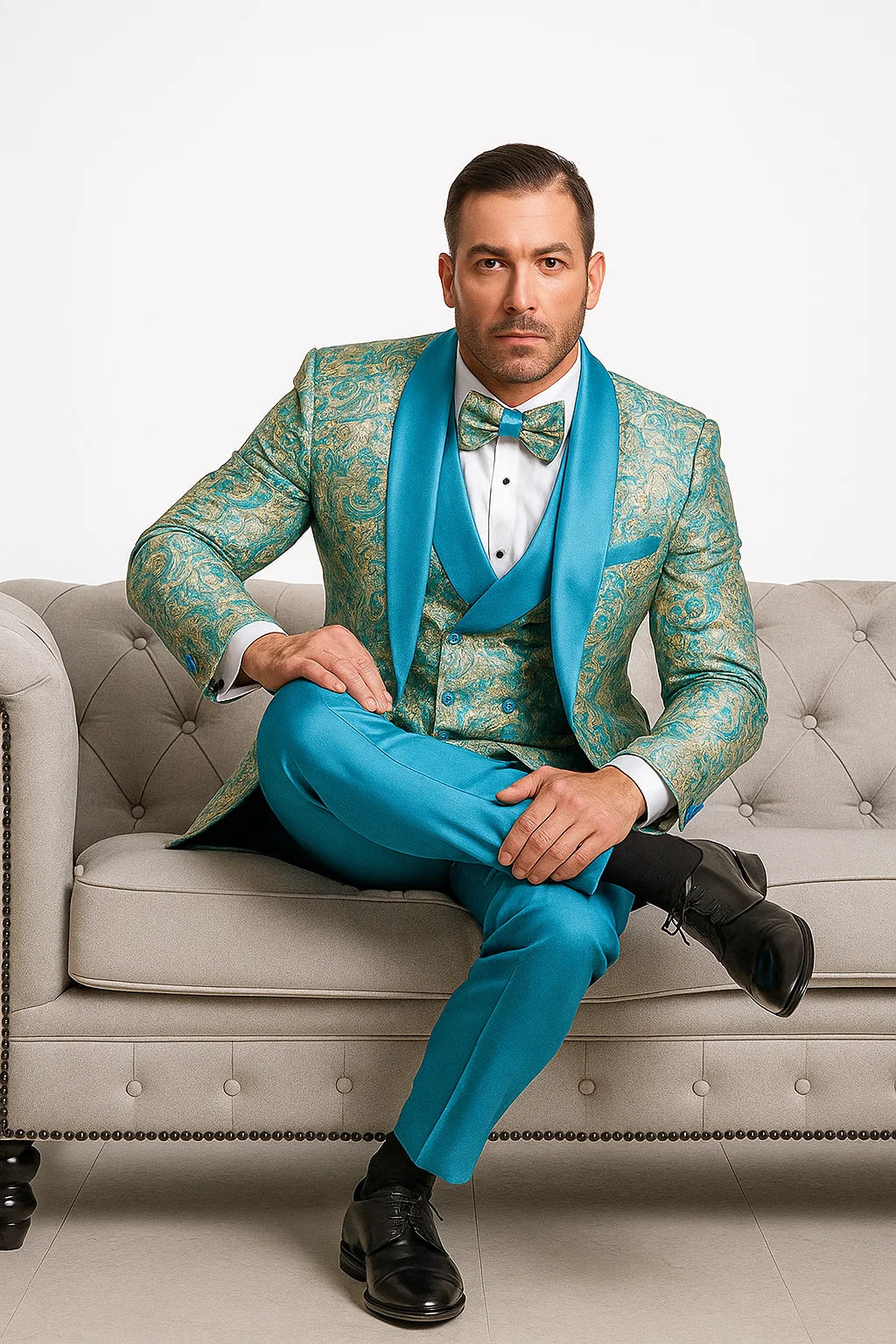 Men’s Turquoise Patterned Vested Tuxedo with Bowtie
