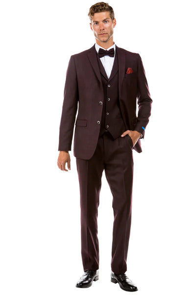 Men’s Two Button Vested Vintage Style Tweed Wedding Suit – Burgundy