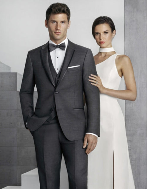 Mens Vested Slim Fit Two Button Trim Notch Tuxedo Charcoal - Mens Slim Fitted Tuxedo - Men's Tuxedo USA