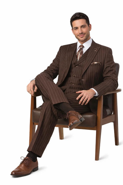Men’s Vintage Brown Pinstripe 3-Piece Gangster Suit