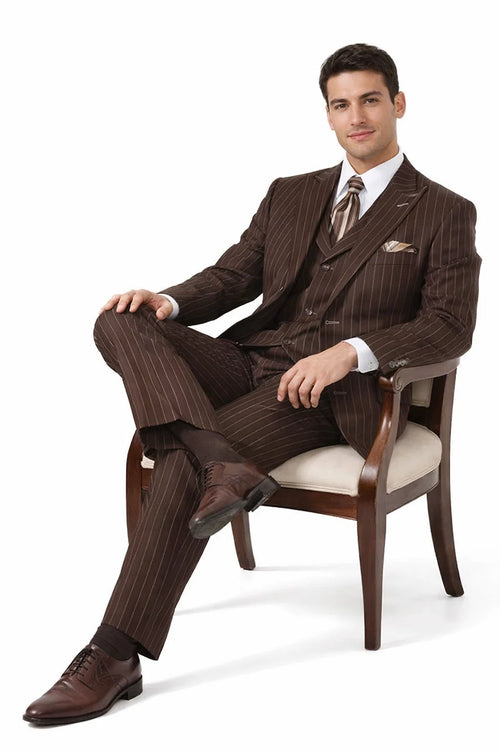 Men’s Vintage Brown Pinstripe 3-Piece Gangster Suit