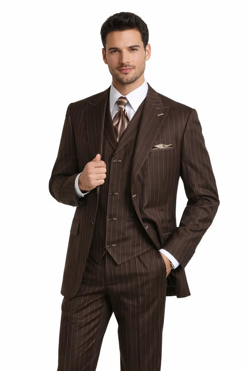 Men’s Vintage Brown Pinstripe 3-Piece Gangster Suit