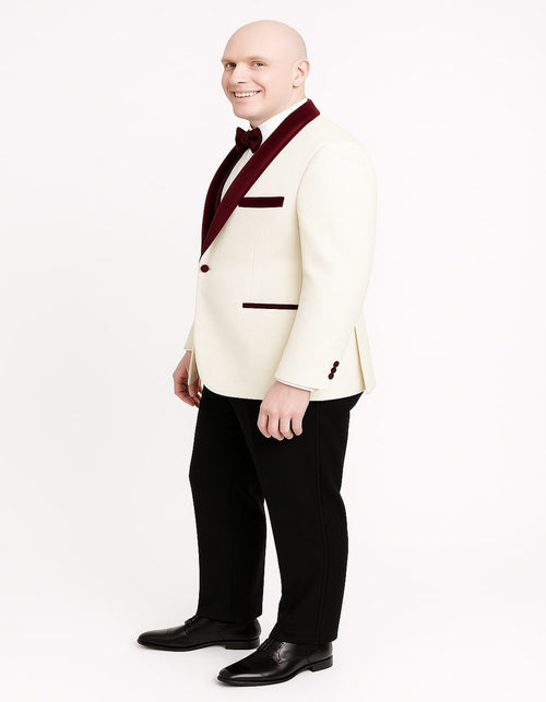 Men’s White Floral Tuxedo Jacket with Burgundy Velvet Shawl Lapel – Wedding, Prom, and Formal Event Suit
