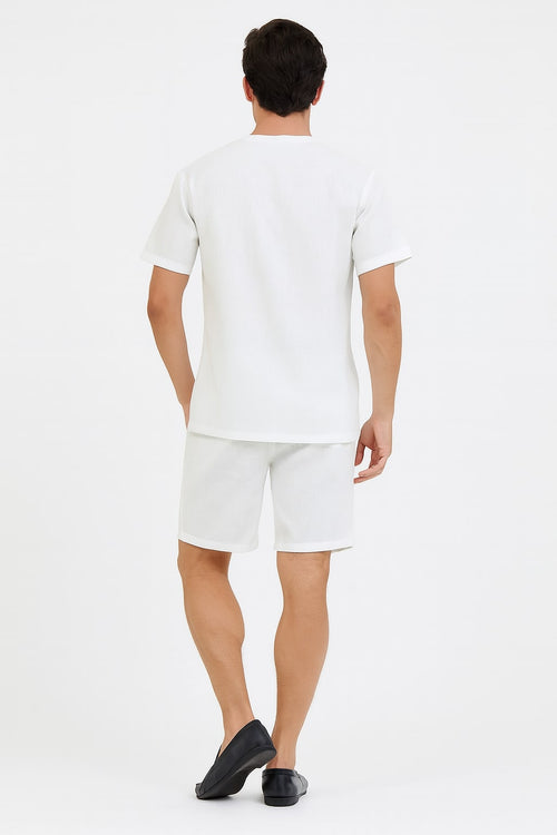 Men’s White Embroidered Short Set – Casual Summer Outfit with V-Neck Shirt and Matching Shorts