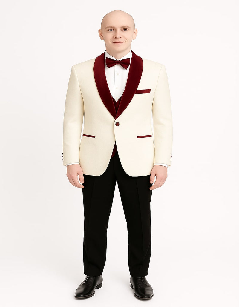 Men’s White Floral Tuxedo Jacket with Burgundy Velvet Shawl Lapel – Wedding, Prom, and Formal Event Suit