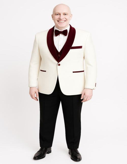 Men’s White Floral Tuxedo Jacket with Burgundy Velvet Shawl Lapel – Wedding, Prom, and Formal Event Suit