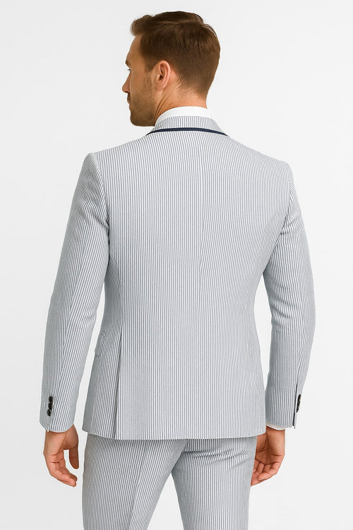 Men's White and Navy Pinstripe Suit with Contrast Trim – 3-Piece Seersucker Style Set for Weddings and Summer Events