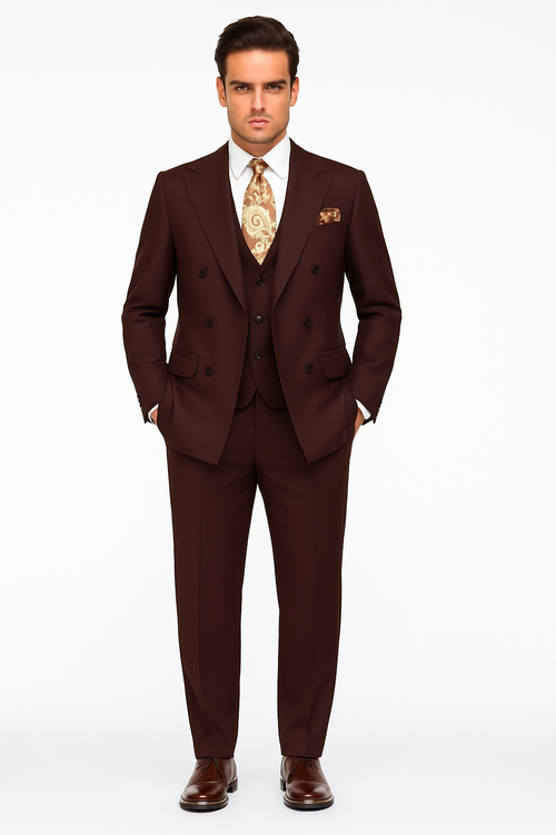 Double Breasted Suits - Vested Suits - Solid Brown Suit - Vested 3 Piece Modern Fit Suit