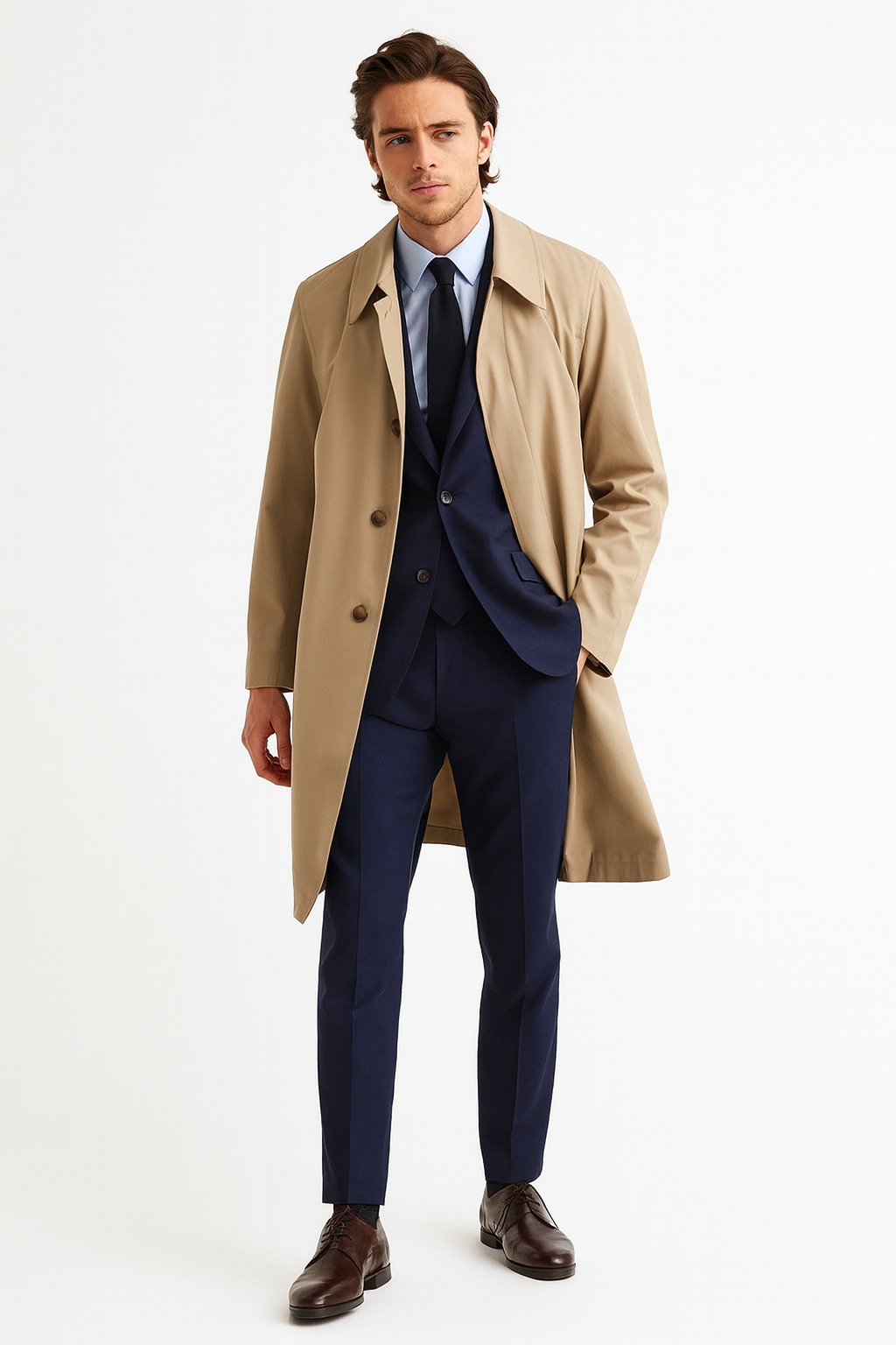 Mens Beige Trench Coat - Classic Long Overcoat with Button Front - Raincoat in Khaki Color by USA Men's Outlet – SuitUSA