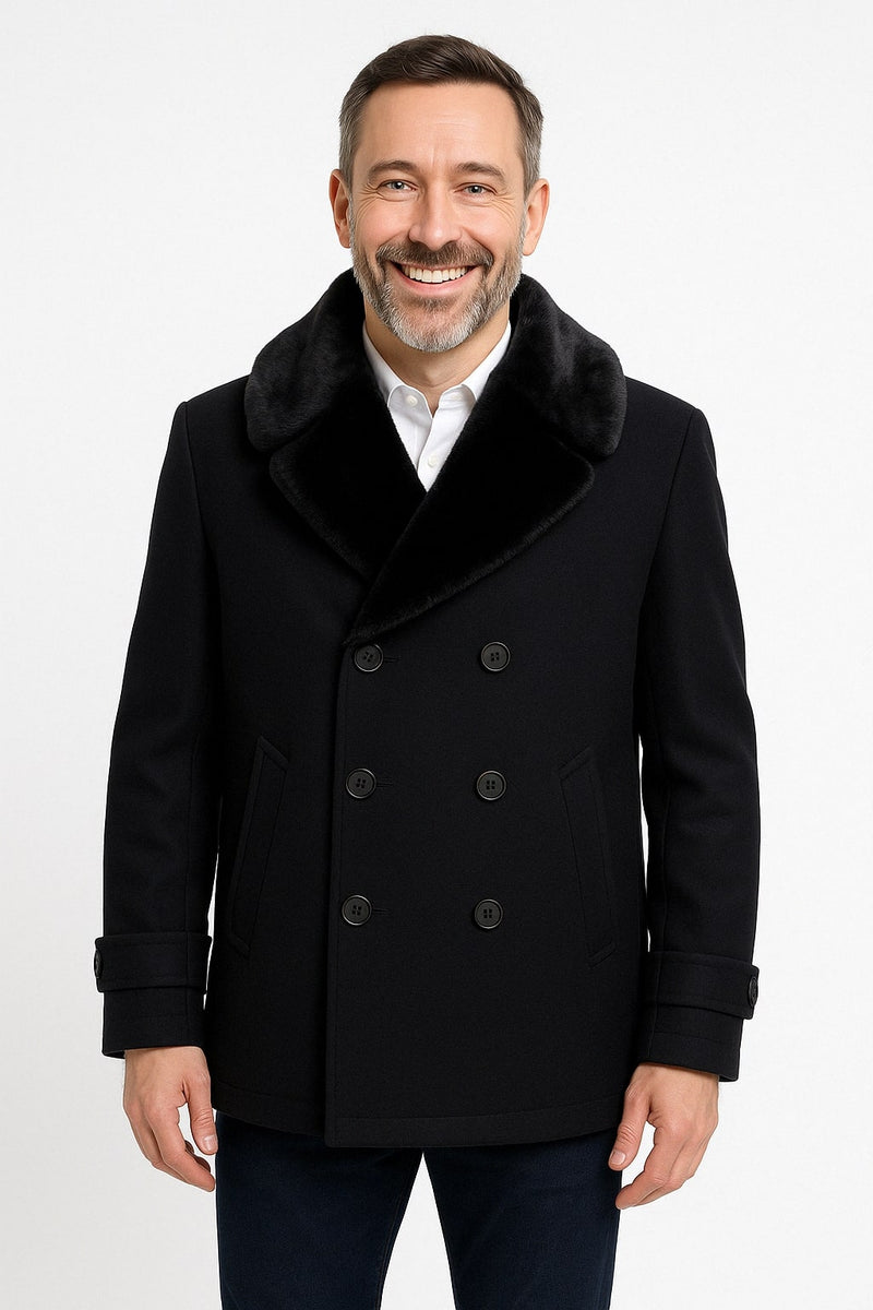 Mens Black Peacoat Wool Overcoat with Faux Fur Shawl Collar – Double-Breasted Winter Peacoat