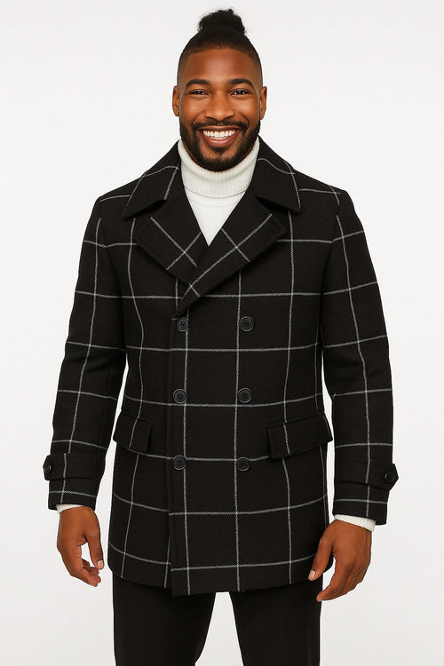 Mens Black Windowpane Check Wool Overcoat - Double-Breasted Winter Peacoat by USA Men's Outlet