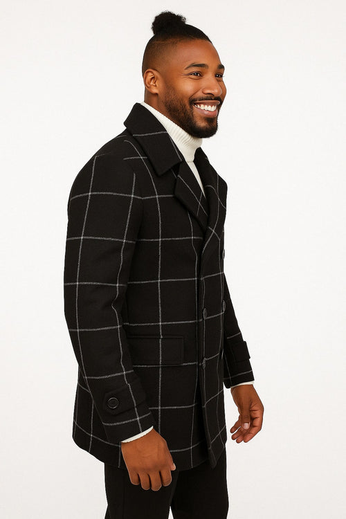 Mens Black Windowpane Check Wool Overcoat - Double-Breasted Winter Peacoat by USA Men's Outlet