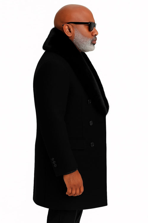 Mens Black Double-Breasted Overcoat with Oversized Faux Fur Collar - Winter Luxury Coat USA Men's Outlet
