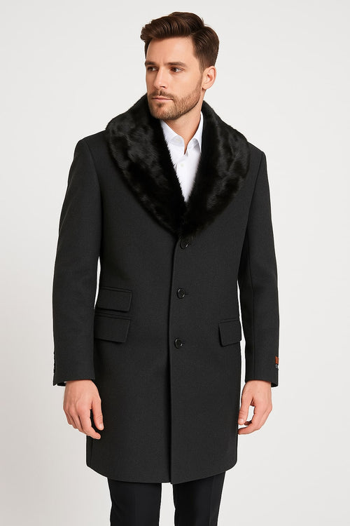Mens Black Wool Overcoat with Black Faux Fur Collar – Luxury Winter Dress Coat