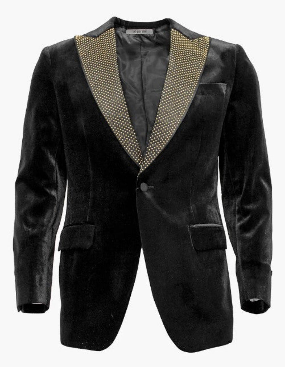 Mens Black and Gold Lapel Tuxedo Dinner Jacket - Black Velvet Blazer Perfect For Prom by Menssuitsatlantain