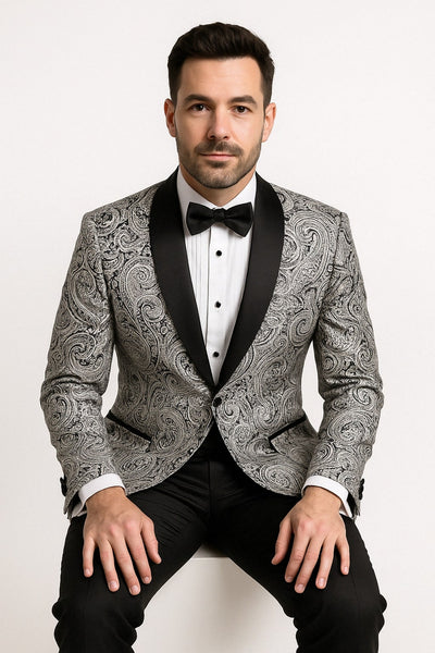 Mens Black and Silver Paisley Tuxedo with Satin Lapel and Bow Tie – Formal Party Suit