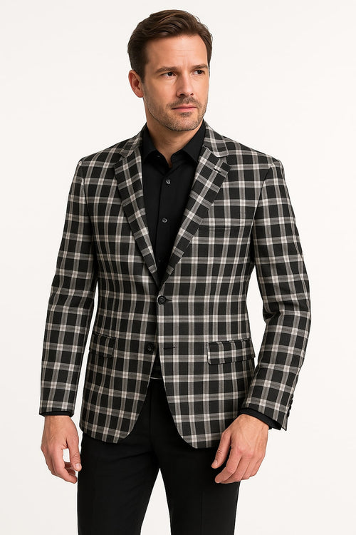 Mens Black and White Plaid Blazer - Modern Fit Checkered Windowpane Pattern Business Sport Coat by USA Men's Outlet