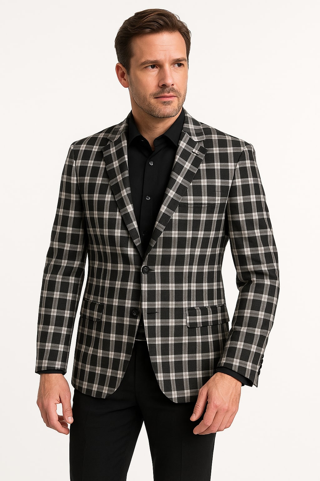 Mens Black and White Plaid Blazer – Modern Fit Checkered Windowpane Pattern Business Sport Coat