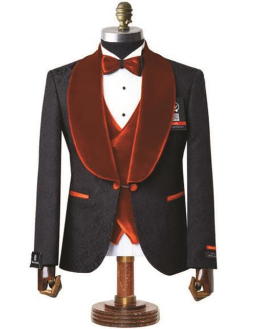 Mens Black with Orange Velvet Lapel 3-Piece Tailored-Fit Tuxedo