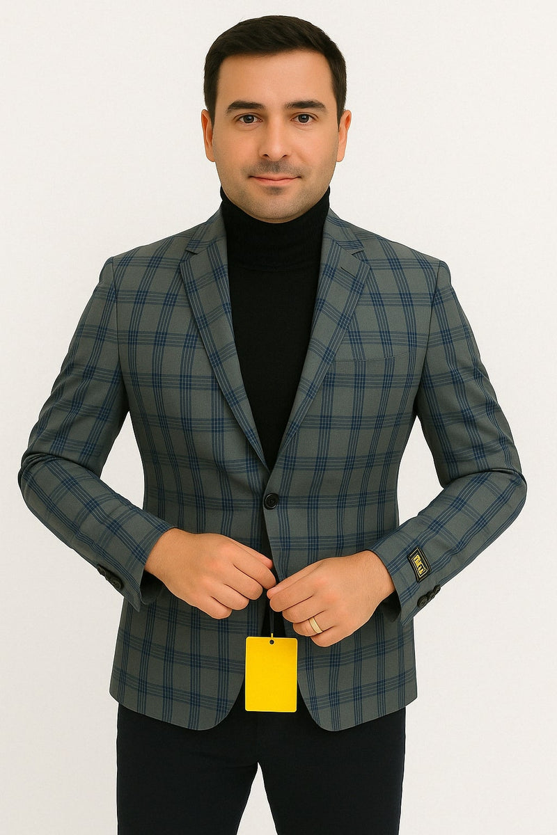 Mens Blue and Grey Windowpane Plaid Blazer – Casual Sport Coat
