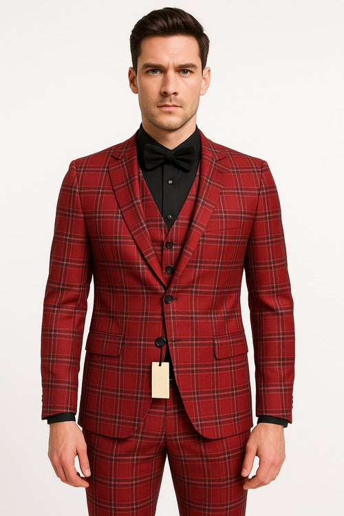 Mens Burgundy Plaid Three-Piece Suit - Ultra Slim Fit Checkered Windowpane Redish 544-10 by USA Men's Outlet