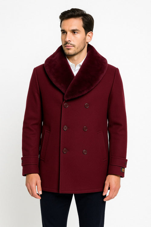 Mens Burgundy Double-Breasted Overcoat with Faux Fur Shawl Collar - Slim Fit Peacoat - Alberto Nardoni Signature by USA Men's Outlet