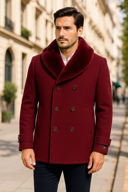 Mens Burgundy Double-Breasted Overcoat with Faux Fur Shawl Collar - Slim Fit Peacoat - Alberto Nardoni Signature by USA Men's Outlet