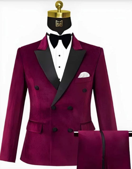 Mens Wine Velvet Tuxedo - Velvet Suits Double Breasted Tuxedo Suits - Slim Fit by Men's Tuxedo USA