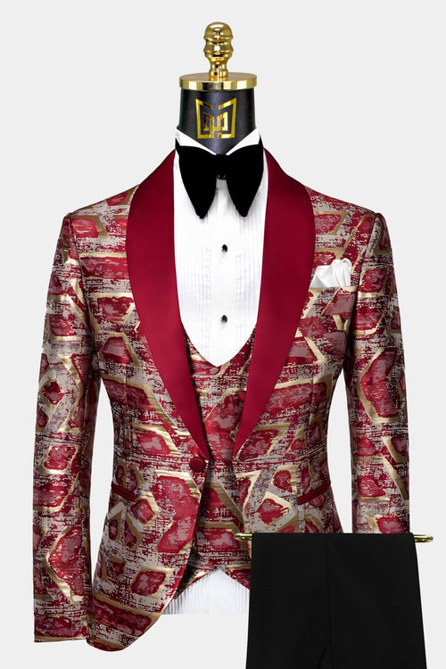 Burgundy and Gold Tuxedo Suit - Red And Gold Prom Suits